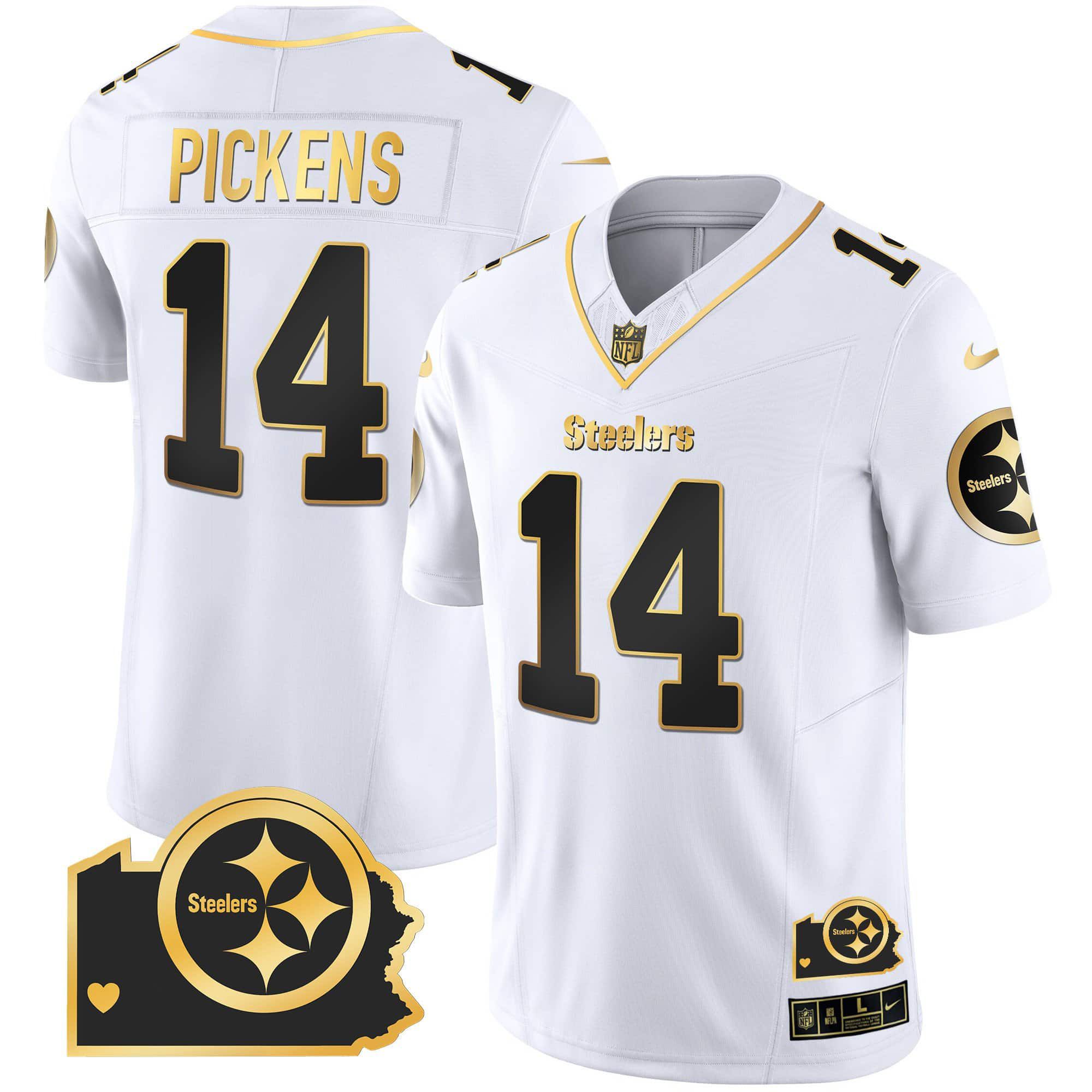 Men Pittsburgh Steelers #14 Pickens White Gold 2024 Nike Home Patch Vapor Limited NFL Jersey